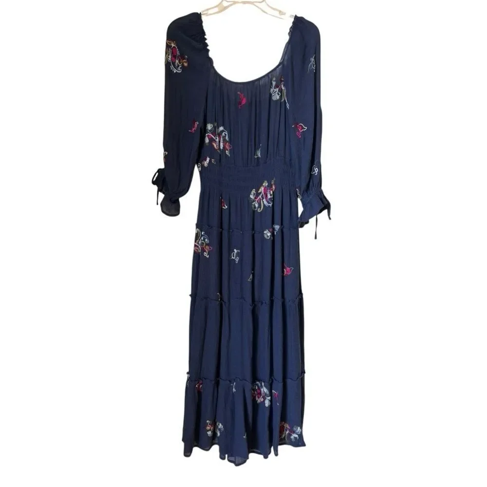 Fig and Flower Blue Embroidered Floral Tiered Modern Boho Maxi Peasant Dress L